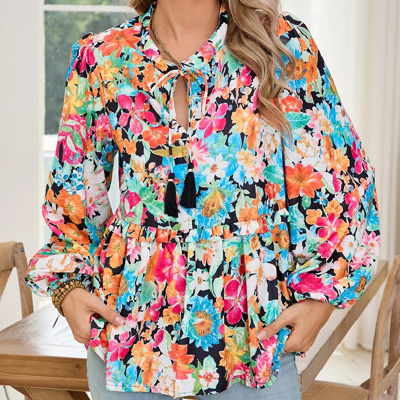 HIDDEN GEMS Floral Tassel Blouse