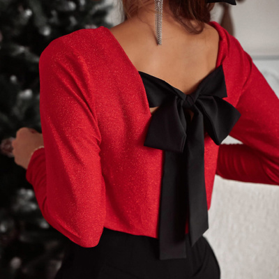 HIDDEN GEMS | Metallic Bow Open Back Top