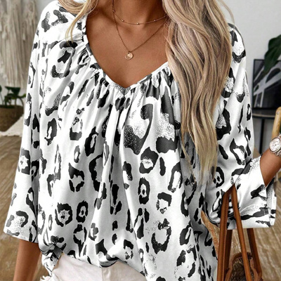 HIDDEN GEMS Leopard Shirred Blouse