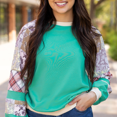 HIDDEN GEMS | Plaid Paisley Patchwork Long Sleeve Top