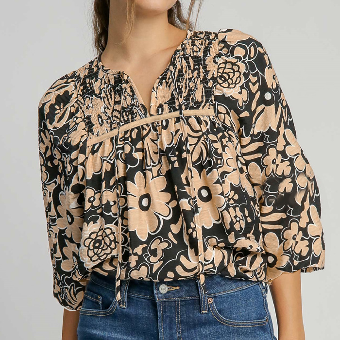 HIDDEN GEMS Floral Smocked Textured Blouse