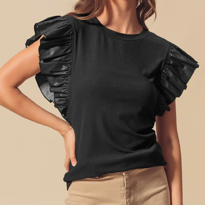 HIDDEN GEMS Ruffle Faux Leather Sleeve Top