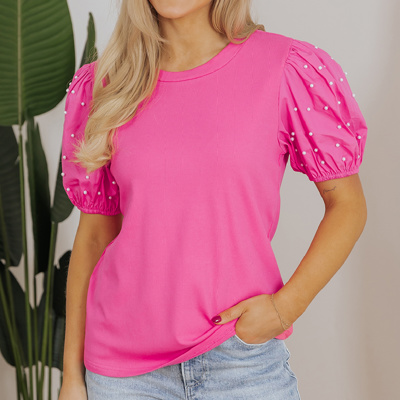 HIDDEN GEMS Pretty Beaded Puff Sleeve Top