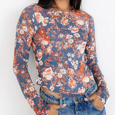 HIDDEN GEMS Floral Mesh Long Sleeve Top