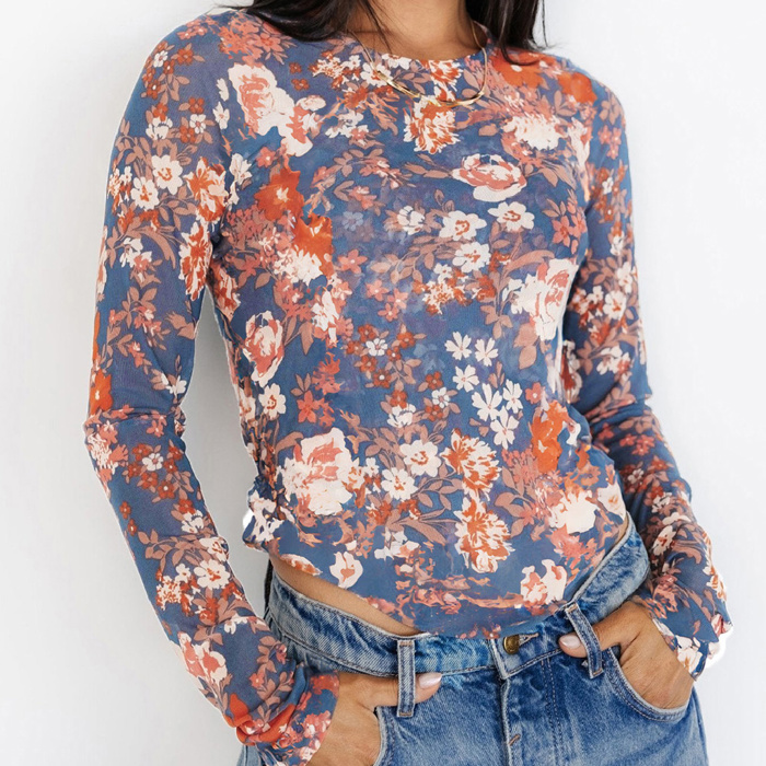 HIDDEN GEMS Floral Mesh Fitted Top