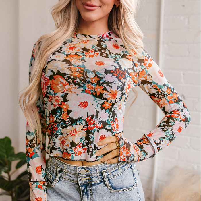 HIDDEN GEMS | Floral Mesh Long Sleeve Top