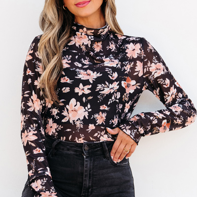 HIDDEN GEMS Floral Mesh Fitted Top