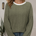  HIDDEN GEMS | Solid Ribbed Contrast Trim Long Sleeve Top