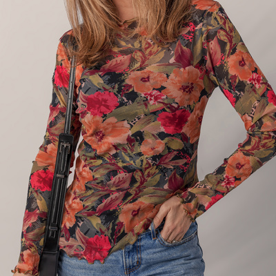 HIDDEN GEMS | Floral Mesh Lettuce Trim Long Sleeve Top