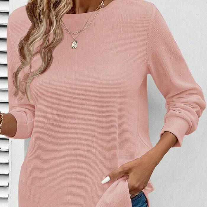 HIDDEN GEMS | Solid Waffle Knit Long Sleeve Top