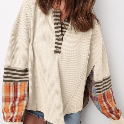 HIDDEN GEMS | Plaid Patchwork Waffle Knit Top
