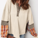  HIDDEN GEMS | Plaid Patchwork Waffle Knit Top