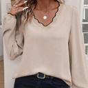  HIDDEN GEMS | Contrast Trim Scallop V-Neck Long Sleeve Blouse