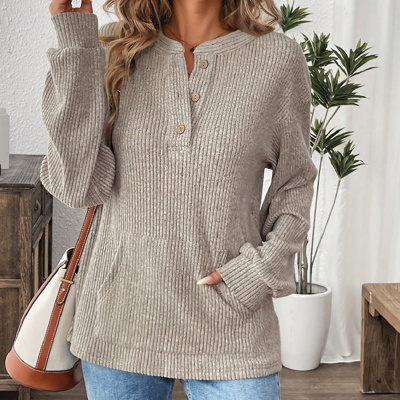 HIDDEN GEMS | Solid Ribbed Knit Drop Shoulder Henley Top