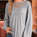  HIDDEN GEMS | Lace Patchwork Ribbed Long Sleeve Top
