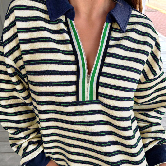 HIDDEN GEMS | Stripe Zipped Collar Long Sleeve Top