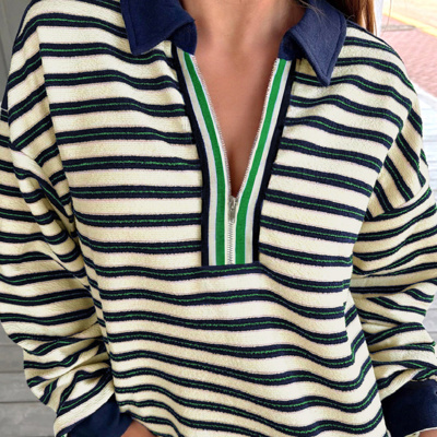 HIDDEN GEMS | Stripe Zipped Collar Long Sleeve Top