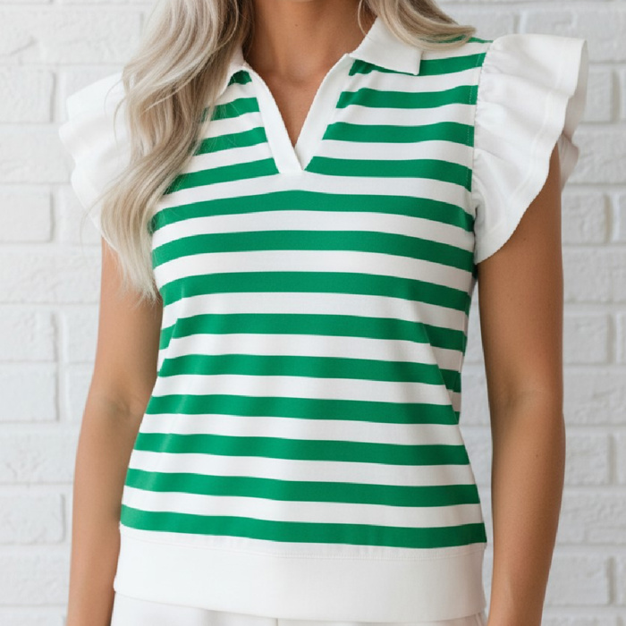 Preppy Paradise Stripe Ruffle Sleeve Blouse