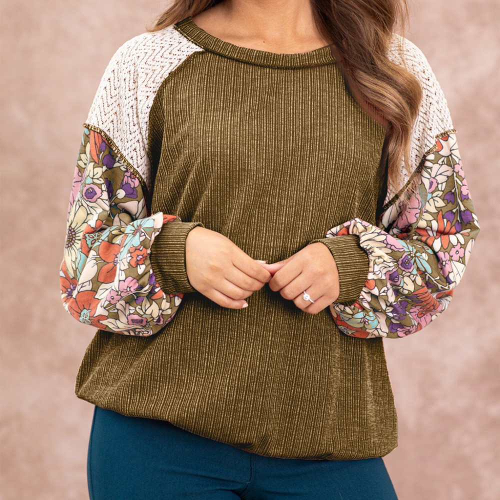 SALE! Floral Print Patchwork Long Sleeve Top