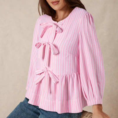 HIDDEN GEMS | Stripe Bow Tie Front Blouse