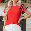  HIDDEN GEMS | Plaid Patchwork Pearl Ruffle Sleeve T-Shirt