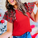  HIDDEN GEMS | Plaid Patchwork Pearl Ruffle Sleeve T-Shirt