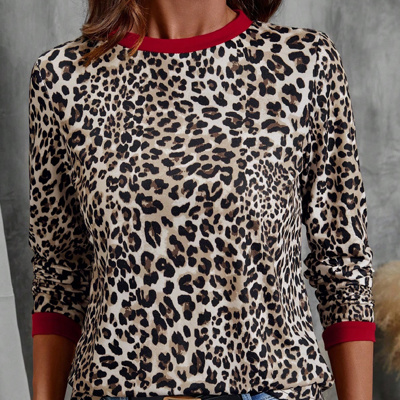 HIDDEN GEMS | Leopard Contrast Trim Long Sleeve Top