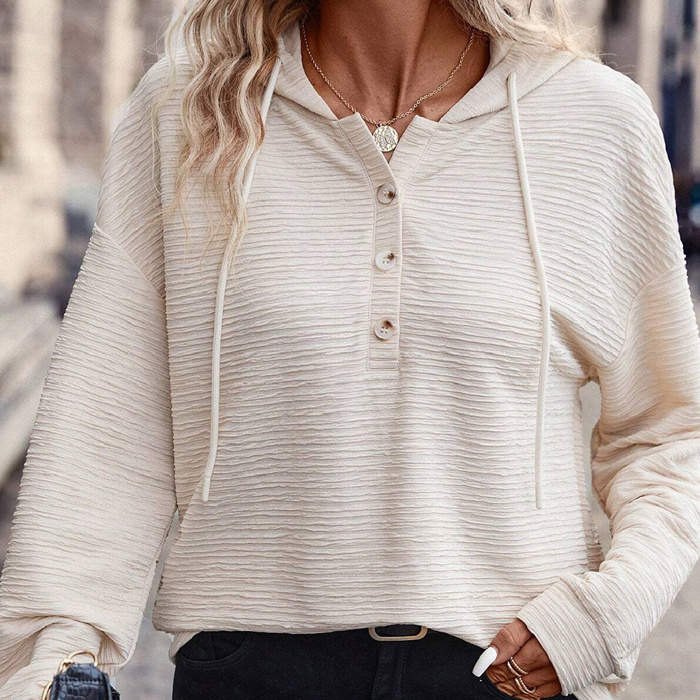 HIDDEN GEMS | Textured Half Buttoned Drawstring Hoodie