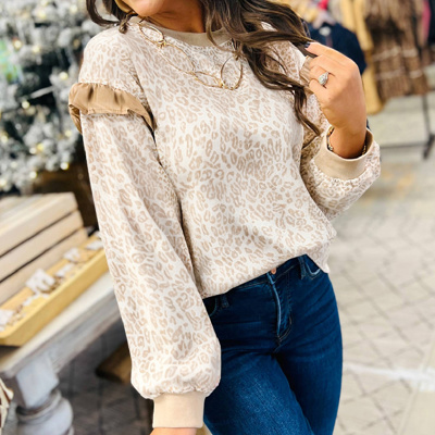 HIDDEN GEMS | Leopard Ruffle Ribbed Trim Sweatshirt