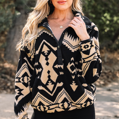 HIDDEN GEMS | Western Aztec Fleece Half Buttoned Sweatshirt