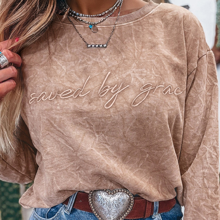 HIDDEN GEMS | Saved By Grace Embroidered Mineral Wash Sweatshirt