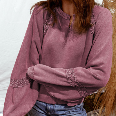 HIDDEN GEMS | Lace Patchwork Mineral Wash Raglan Sweatshirt