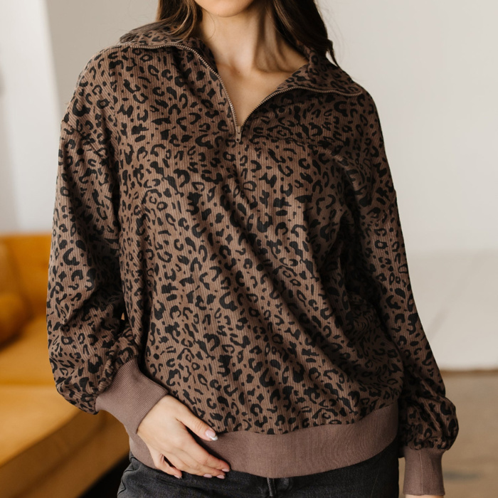 Leopard Corduroy Quarter-Zip Sweatshirt