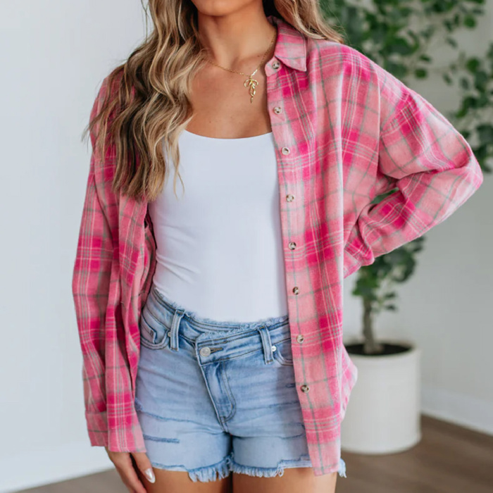HIDDEN GEMS | Plaid Button-Up Long Sleeve Pocketed Shirt