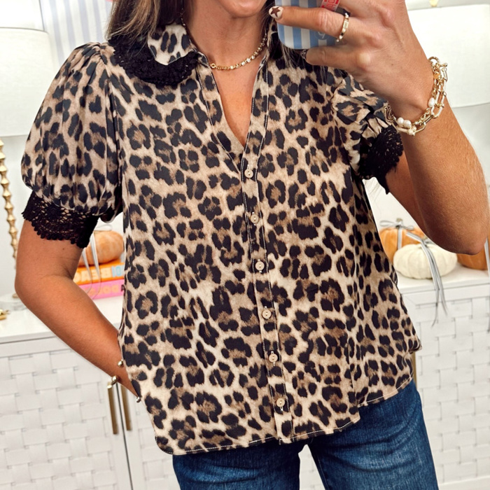 Madeline Leopard and Lace Buttoned Blouse