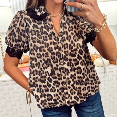 Madeline Leopard and Lace Buttoned Blouse