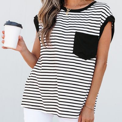 HIDDEN GEMS Stripe Contrasting Top w/Pocket