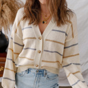  HIDDEN GEMS | Stripe V-Neck Drop Shoulder Buttoned Cardigan Sweater
