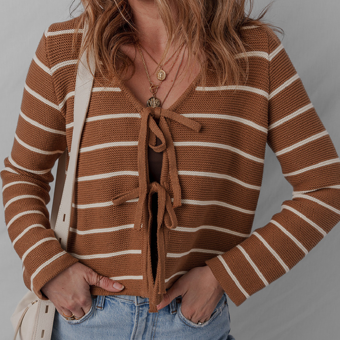 HIDDEN GEMS | Stripe Tie-Front V-Neck Cardigan Sweater