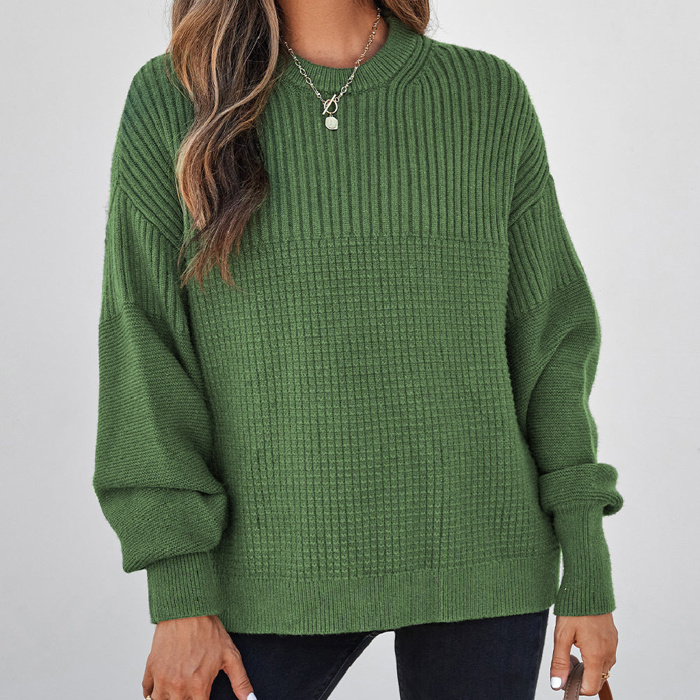 HIDDEN GEMS | Solid Textured Patchwork Knit Crewneck Sweater