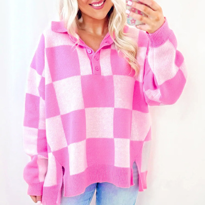 HIDDEN GEMS | Checker Half Button Collared Sweater