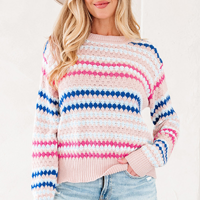 HIDDEN GEMS | Stripe Eyelet Knit Drop Shoulder Sweater