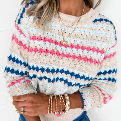 HIDDEN GEMS | Stripe Eyelet Knit Drop Shoulder Sweater
