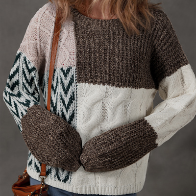 HIDDEN GEMS | Colorblock Cable Knit Patchwork Tied Back Sweater