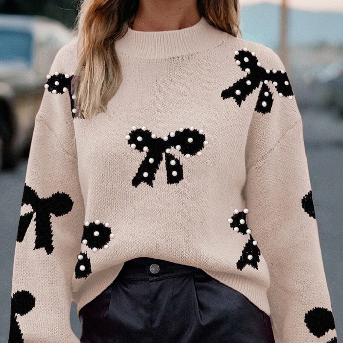 HIDDEN GEMS | Bow Pearl Embellished Drop Shoulder Sweater