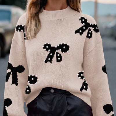 HIDDEN GEMS | Bow Pearl Embellished Drop Shoulder Sweater