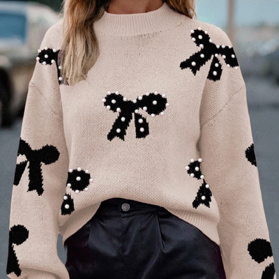 HIDDEN GEMS | Bow Pearl Embellished Drop Shoulder Sweater