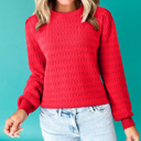  HIDDEN GEMS | Solid Knit Ribbed Cuff Crewneck Sweater