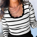  HIDDEN GEMS | Stripe Scalloped Scoop Neck Ribbed Knit Sweater