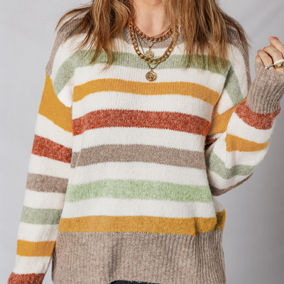 HIDDEN GEMS | Stripe Colorblock Drop Shoulder Crewneck Sweater